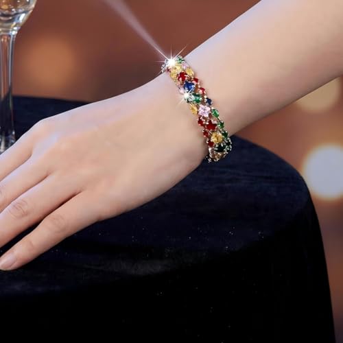 1PCS Bohemian Tennis Bracelet for Women, Golden Plated Copper Colorful Synthetic Zirconia, Elegant Jewelry for Anniversary - color: Gold
