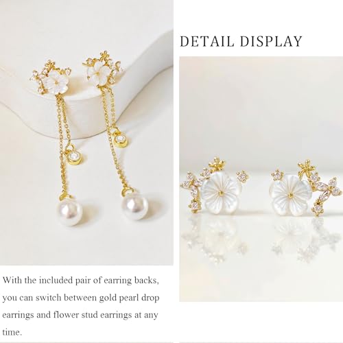 Pearl Earrings for Women 14k Gold/Silver Pearl Drop Earrings Long White Pearl Tassel Dangle Statement Earrings Bridal Wedding Dainty Prom Earrings Birthday Gifts Jewelry - color: Gold CZ Flower Pearl Drop Earrings