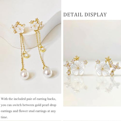 Pearl Earrings for Women 14k Gold/Silver Pearl Drop Earrings Long White Pearl Tassel Dangle Statement Earrings Bridal Wedding Dainty Prom Earrings Birthday Gifts Jewelry - color: Gold CZ Flower Pearl Drop Earrings