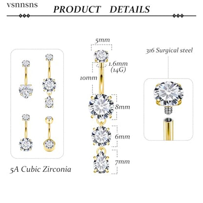 Vsnnsns 14G Dangle Belly Button Ring Piercing Jewelry 316L Stainless Surgical Steel Round Heart Cubic Zirconia Navel Rings Dangling Belly Button Ring Piercing Jewelry for Women 14 Gauge Hypoallergenic - color: Gold-10MM Bar-Clear CZ
