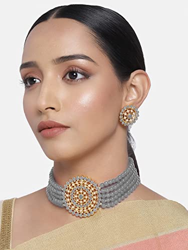 Aheli Pearl Diamond Choker Necklace & Round Earrings Gift for Women Indian Traditional Bollywood Fashion Bharatanatyam jewellery set - color: Grey