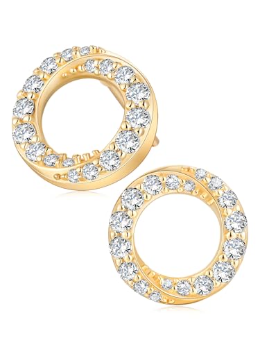 All Moissanites Sparkly Geometric Stud Earrings for Women, Solid 925 Sterling Silver with Rhodium/Gold Plated Hypoallergenic, Lightweight Comfy Earrings - color: Circle - Yellow Gold