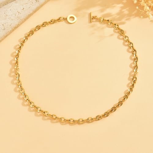 Chunky Gold Necklace for Women, 18K Gold Plated Paperclip, Figaro Link Chain Necklace, Toggle Clasp Necklaces, Trendy Non Tarnish Jewelry, Christmas Gifts - style: 6mm Cable Toggle 16.5''-Gold