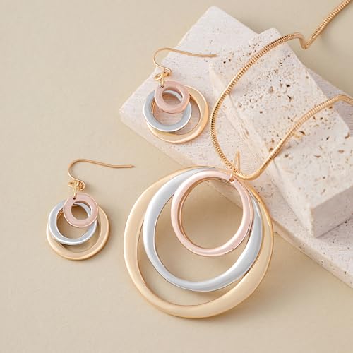 3 Circles Silver Hoop Earrings Necklace Set for Women Geometric Jewelry Set | 925 Silver Hypoallergenic Small Hoop Circle Geometry Textured Finish Minimalist Style Comfortable Wear - style: Tri-tone Hoop