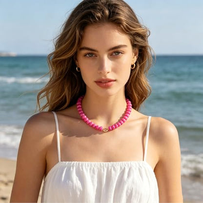 Chunky Heart Necklaces for Women Colorful Resin Beaded Necklaces for Women Gold Puffy Heart Statement Necklace Trendy Acrylic Choker Jewelry Gift - color: B-Rose red