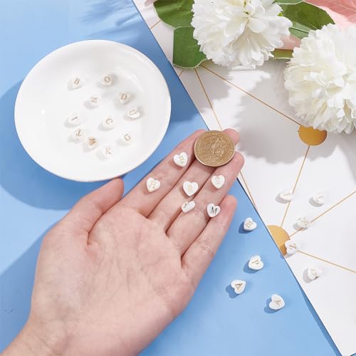 PH PandaHall 26pc White Heart Beads Alphabet A-Z Charms Natural Freshwater Shell Letter Initial Charm Glass Spacer for Boho DIY Necklace Bracelet Earring Jewelry Making