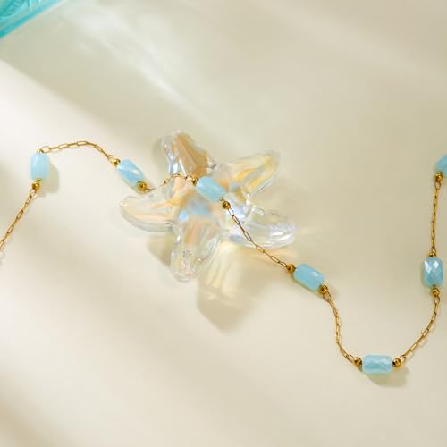 RINHOO Dainty Beaded Necklace for Women 18K Gold Plated Stainless Steel Colorful Blue Pink Choker Boho Choker Necklace Jewelry Gift for Women - color: Style 1-Blue