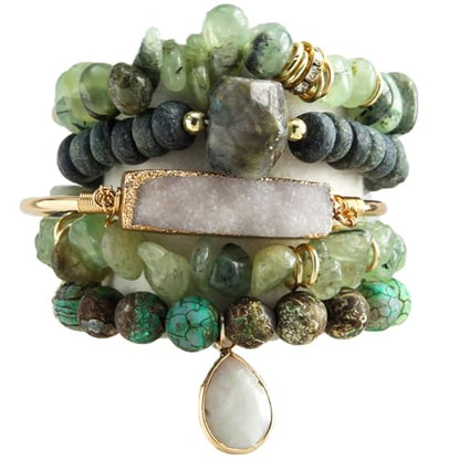 Yomisa Boho Beaded Bracelets/Bangle for Women,Multilayer 5/6/7PCS Healing Natural Handmade Stone Bead Bracelets Stackable Stretch Friendship Beaded Bracelet Set Trendy Western Bohemian Jewelry Gift - color: 5pcs-Light green