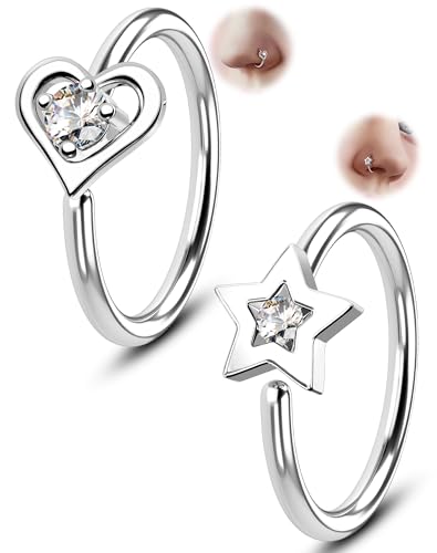 Melighting 20G Seamless Open Nose Rings Set, Star &Heart Nose Ring Hoop Clear CZ, 316L Stainless Steel Jewelry Set for Nostril Septum Cartilage Helix Piercing 8 mm - style: Style2