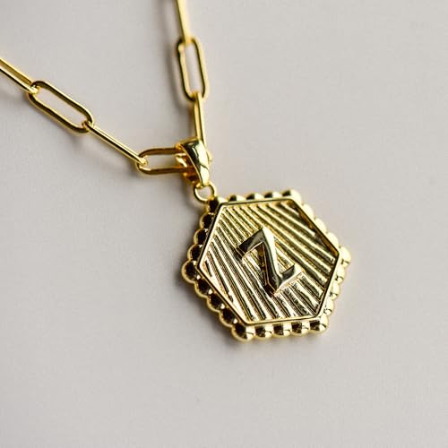 Layered Initial Necklace for Women | Gold Plated Paperclip Chain with Sunburst Hexagon Letter Pendant | Double Layer Alphabet Necklace | Personalized Minimalist Jewelry Gift - color: Z