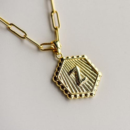Layered Initial Necklace for Women | Gold Plated Paperclip Chain with Sunburst Hexagon Letter Pendant | Double Layer Alphabet Necklace | Personalized Minimalist Jewelry Gift - color: Z