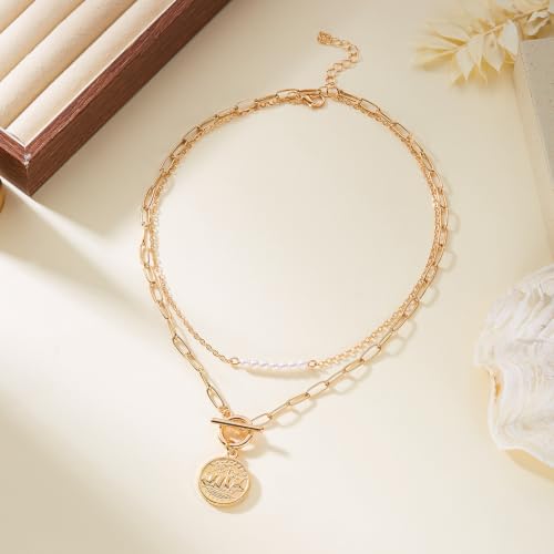 Gold Pirate Necklace for Women Layered Stack Charm Necklace Coin Pendant Necklaces Chunky Pirate Necklaces Pirates Costume Jewelry Accessories - color: gold2