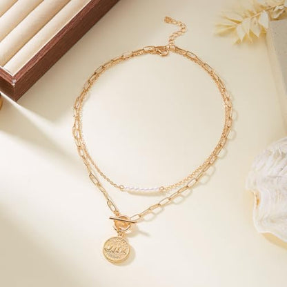 Gold Pirate Necklace for Women Layered Stack Charm Necklace Coin Pendant Necklaces Chunky Pirate Necklaces Pirates Costume Jewelry Accessories - color: gold2