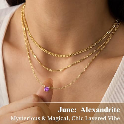 WomenGifts Layered Gold Necklaces for Women, 14K Gold Sterling Silver Plated Dainty Pendant Necklace Set Non Tarnish, Chunky Stackable Cuban Chain Choker, Trendy Birthstone Vacation Jewelry Gift - color: Gold, style: Cubic Zirconia-Created Alexandrite-Jun