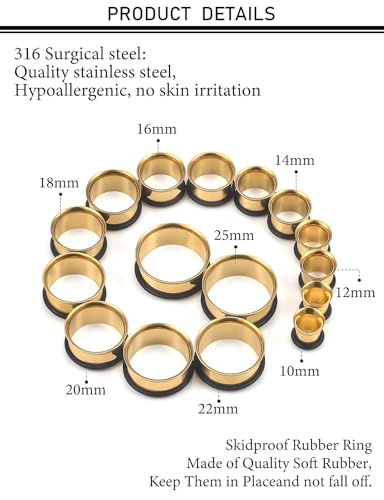 12G-25mm Single Flared Gauges Tunnels Stretching Kit 316L Surgical Steel O-ring Ear Gauges Plugs Earring Lobe flesh Tunnel Gauge Stretcher Silver Black Gold Color Tone - color: Gold, size: 00g/12mm14mm/16mm/18mm/20mm/22mm/25mm