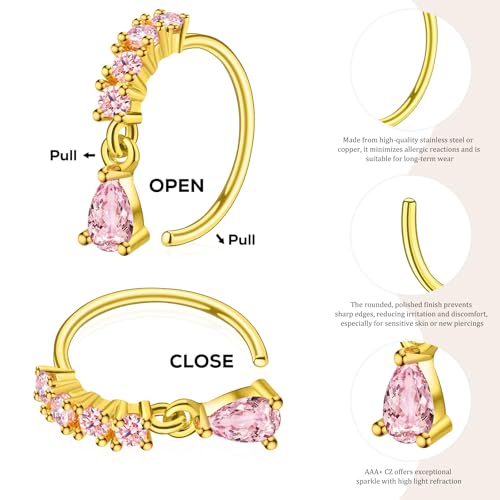 BSJ4U Hoop Nose Rings for Women Nose Piercings 20G Stainless Steel Nose Rings Hoops Heart Butterfly Flower Bow Teardrop Double Nose Hoops Gold Plated Silver Pink Clear CZ Nose Piercing Jewelry - color: Gold Plated Pink Nose Rings