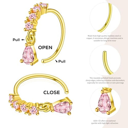 BSJ4U Hoop Nose Rings for Women Nose Piercings 20G Stainless Steel Nose Rings Hoops Heart Butterfly Flower Bow Teardrop Double Nose Hoops Gold Plated Silver Pink Clear CZ Nose Piercing Jewelry - color: Gold Plated Pink Nose Rings