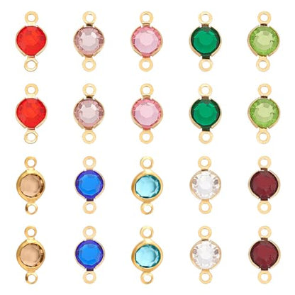 UNICRAFTALE 40pcs 10 Colors 1.5mm Hole 304 Stainless Steel Rhinestone Links Connectors Flat Round Birthstone Links Charm Glass Connector Charms Drop Dangle Pendant for Jewelry Earring Making