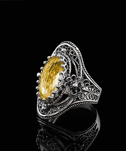 Filigranist 925 Sterling Silver Handcrafted Filigree Art Flower Pattern Woman Oval Statement Ring, Gift Boxed - color: Citrine