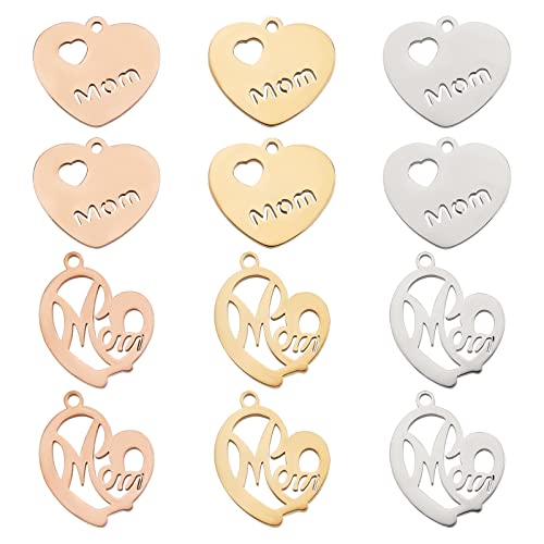 PH PandaHall 12pcs Heart Charms with Mom, 2 Styles Stainless Steel Long-Lasting Metal Heart Charm Beads for DIY Necklace, Bracelet, Earring Craft Valentine, Mother's Day, Thanksgiving - color: 2 Style
