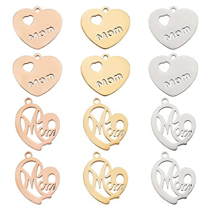 PH PandaHall 12pcs Heart Charms with Mom, 2 Styles Stainless Steel Long-Lasting Metal Heart Charm Beads for DIY Necklace, Bracelet, Earring Craft Valentine, Mother's Day, Thanksgiving - color: 2 Style