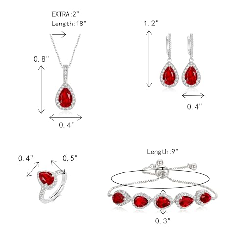 Crysdue Wedding Bridal Teardrop CZ Pendant Necklace Open Ring Dangle Earrings Adjustable Slider Bracelet Jewelry Set, Birthday Mothers Day Christmas Jewellery Gift for Women/Mom/Wife - style: 01-Teardrop Red Silver-Tone