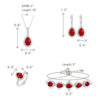 Crysdue Wedding Bridal Teardrop CZ Pendant Necklace Open Ring Dangle Earrings Adjustable Slider Bracelet Jewelry Set, Birthday Mothers Day Christmas Jewellery Gift for Women/Mom/Wife - style: 01-Teardrop Red Silver-Tone