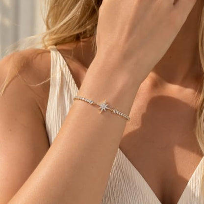 FANZE Gold Plated Cubic Zirconia Tennis Bracelets for Women Dainty Trendy Adjustable Bracelet Jewelry Gift for Ladies Wedding Mother Birthday Anniversary - style: Gold Hexagram Bracelet