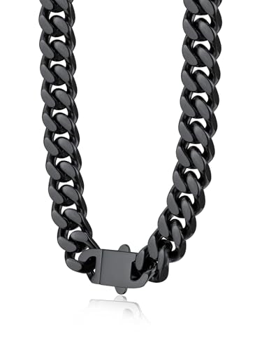 Bestyle Thick Stainless Steel Mens Cuban Link Chain, Black/Gold Chain for Men, No Tarnish & Durable Men Chain Necklace, 5/7/9/12mm Wide, 18"-30" Long, Gift Package - style: c. 12mm-Black