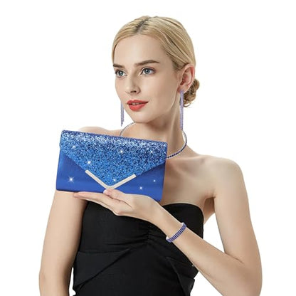 YYW 4 Pieces Women Evening Handbags Clutch Purse Bag with Rhinestone Crystal Jewelry Set for Wedding Party - color: Blue