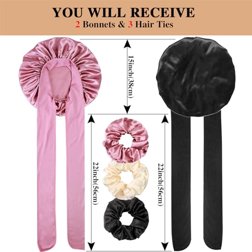 2+3 Large Satin Bonnets with Scrunchies for Women, Hair Bonnet Sleeping Tie Bonnet for Braids Curly Hair - color: #a - Black, Rose Gold