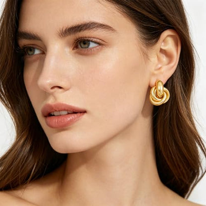 Gold Geometric Drop Dangle Earrings for Women Chunky Trendy Knot Stud Small Twisted Link Earring Jewelry Gift - color: A-Small Flower-Gold