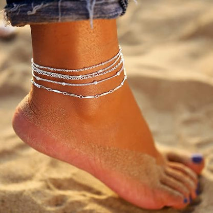 Fesciory 14K Gold Plated Ankle Bracelets Sets For Women, Adjustable Layered Infinite Anklet, Summer Beach Butterfly Star Foot Chain Jewelry Gifts - style: Thin(Silver)