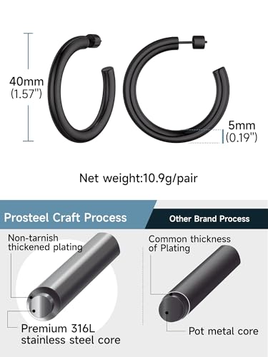 PROSTEEL Chunky Hoop Earrings for Women 14K Gold Plated/Black/Silver | 20/30/40/50/60/70/80mm Stainless Steel Thick Big Round Hoop with Waterproof and Non Tarnish Trendy Jewelry with Gift Box - color: 2. Black, size: 40MM