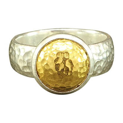 Dome Pebble Ring 925 Sterling Silver 24K Gold Vermeil Two-tone Hammered Handcrafted Designer Hand Forged Half Round Band Ring