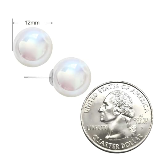 White Faux Pearl Stud Earrings, S925 Silver Posts Hypoallergenic for Women - color: Pinkish White, size: 12mm