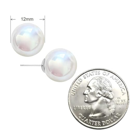White Faux Pearl Stud Earrings, S925 Silver Posts Hypoallergenic for Women - color: Pinkish White, size: 12mm