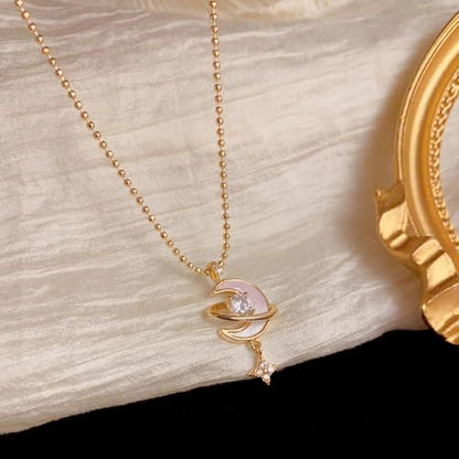 Elegant Moon Star Pendant Necklace for Women Trendy Imitation Crystal Necklace Trendy Adjustable Beaded Chain Delicate Celestial Wedding Engagement Anniversary Statement Jewelry for Valentine Mother