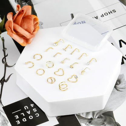 27-60 Pcs Nose Rings for Women Nose Piercing Jewelry Silver Nose Rings Studs 20G Surgical Nose Rings Hoops Nose Rings L Shaped Studs Screw Stainless Steel Nose Piercings for Women Men - color: gold-20G-18 pcs