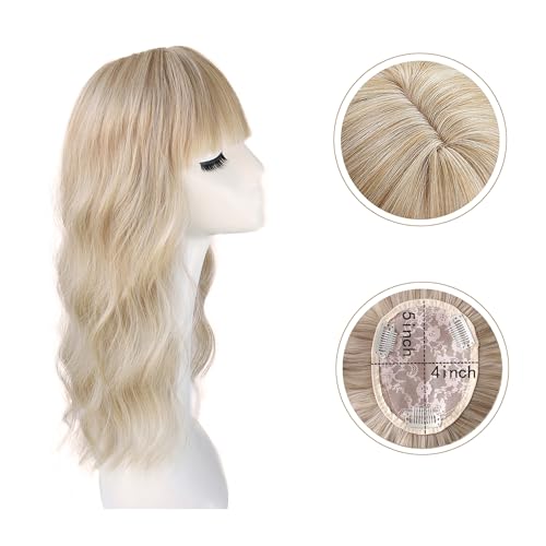 Synthetic Loose Water Wave Hair Topper With Bangs, Mixed Blonde | Clip in Hair Topper with Bangs Hair Toupee Hairpiece for Women Girls (18inch) - size: 18 Inch