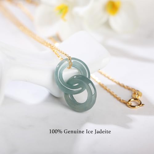 Real Green Jade Pendant Necklace for Women Donut/Heart/Clover/Teardrop/Rose/Lotus Flowers Genuine Jadeite Jewelry with Gold Plated 925 Sterling Silver Chain - style: Double Circles Silver Necklace