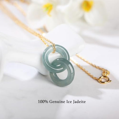 Real Green Jade Pendant Necklace for Women Donut/Heart/Clover/Teardrop/Rose/Lotus Flowers Genuine Jadeite Jewelry with Gold Plated 925 Sterling Silver Chain - style: Double Circles Silver Necklace