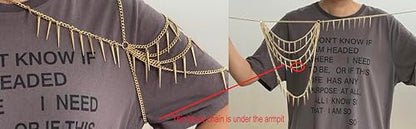 Gold Body Chain Shoulder Chain Punk Rivets Arm Chain Layered Tasssel Shoulder Necklace Festival Party Bridal Body Jewelry
