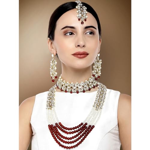 Aheli Wedding Party Wear Bridal Jewellery Choker Long Pearl Necklace Earrings Maang Tikka Indian Traditional Set Gift for Women - color: Maroon
