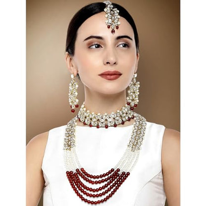 Aheli Wedding Party Wear Bridal Jewellery Choker Long Pearl Necklace Earrings Maang Tikka Indian Traditional Set Gift for Women - color: Maroon