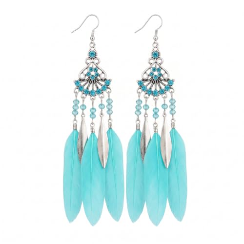 FRESHME Feather Earrings for Women - Native American Jewelry Boho Dangle Ethnic Indian Ear Drop for Music Festival Birthday - color: Blue