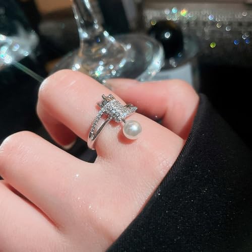 Dtja Shell Pearl CZ Barbell Statement Adjustable Ring for Women 14K Gold Plated Crystal Artificial Pearls Expandable Open Wrap Finger Rings Fashion Wedding Promise Engagement Jewely Gift