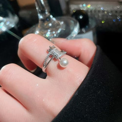 Dtja Shell Pearl CZ Barbell Statement Adjustable Ring for Women 14K Gold Plated Crystal Artificial Pearls Expandable Open Wrap Finger Rings Fashion Wedding Promise Engagement Jewely Gift