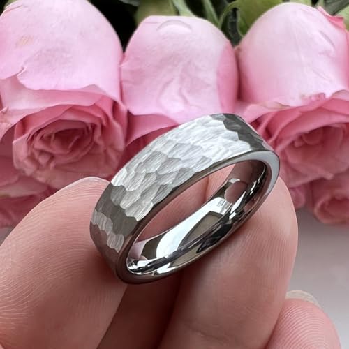 TUTISS 6mm 8mm Silver/Black/Gunmetal/Gold/Rose Gold Hammered Tungsten Rings for Men Women Couple Fashion Jewelry Engagement Wedding Bands Matte Finish Comfort Fit - color: 6mm Silver I Love You Engraved