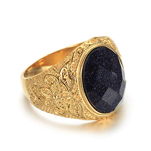 Retro Unisex Stainless Steel Oval Gemstone Hollow Flower Carved Signet Ring - color: Gold-Blue